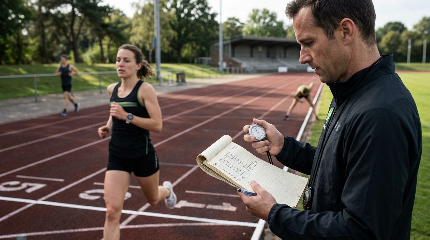 Runner crossing a track checkpoint as a coach records the lap split with a handheld timer and paper sheet
