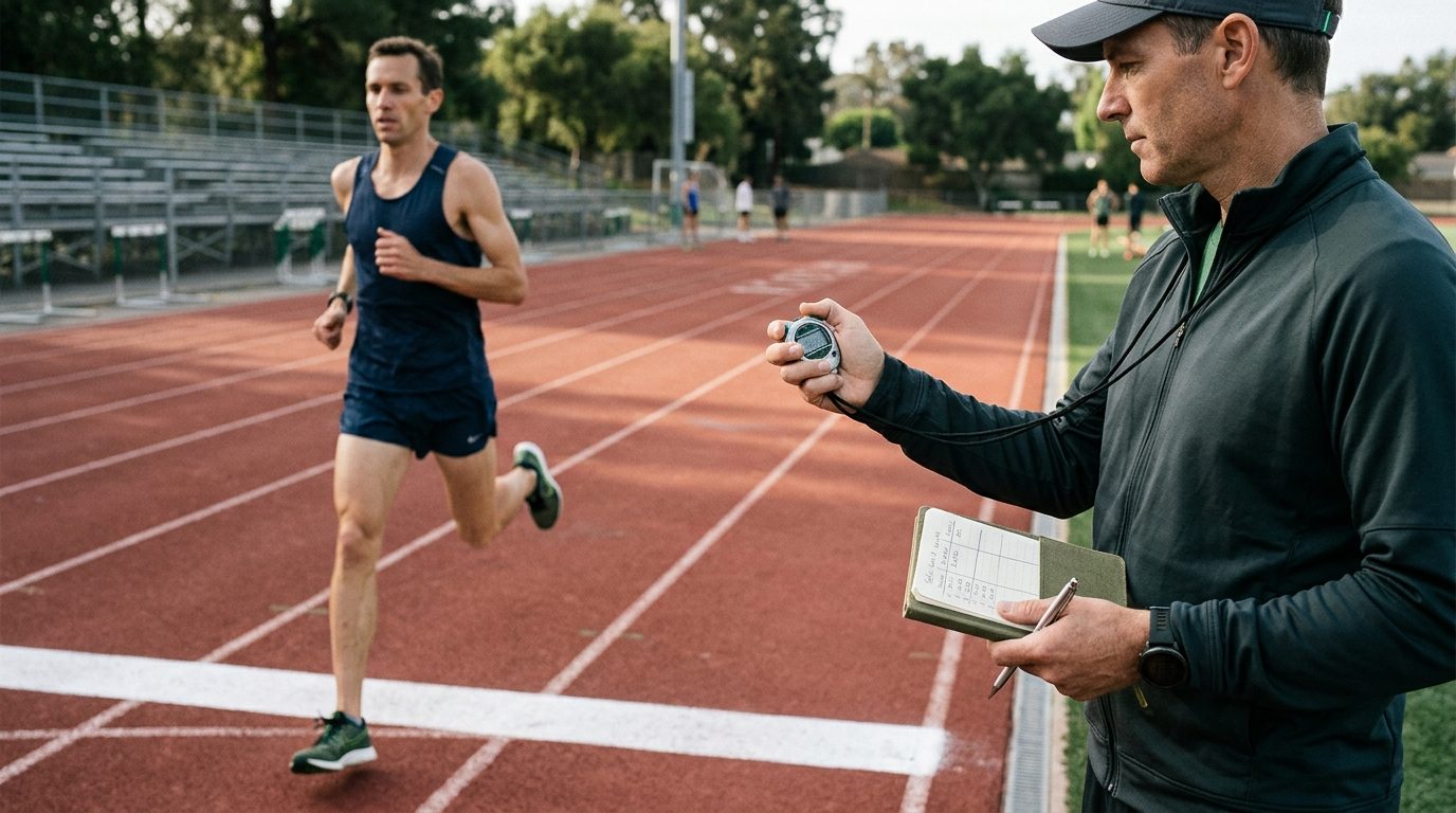 Coach records a runner crossing a track split marker